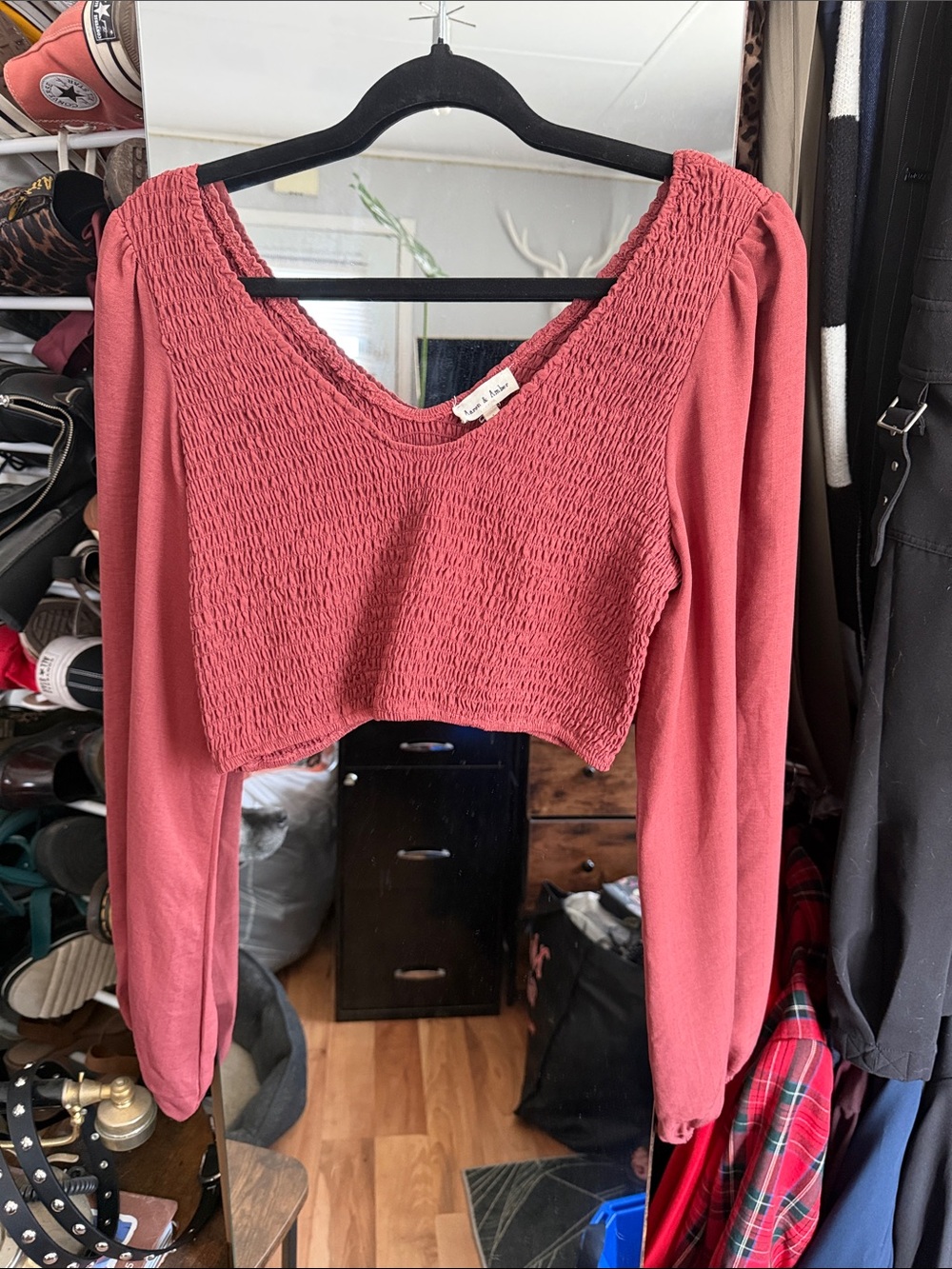 Smocked V-Neck Long Sleeve Crop Top - Dusty Rose